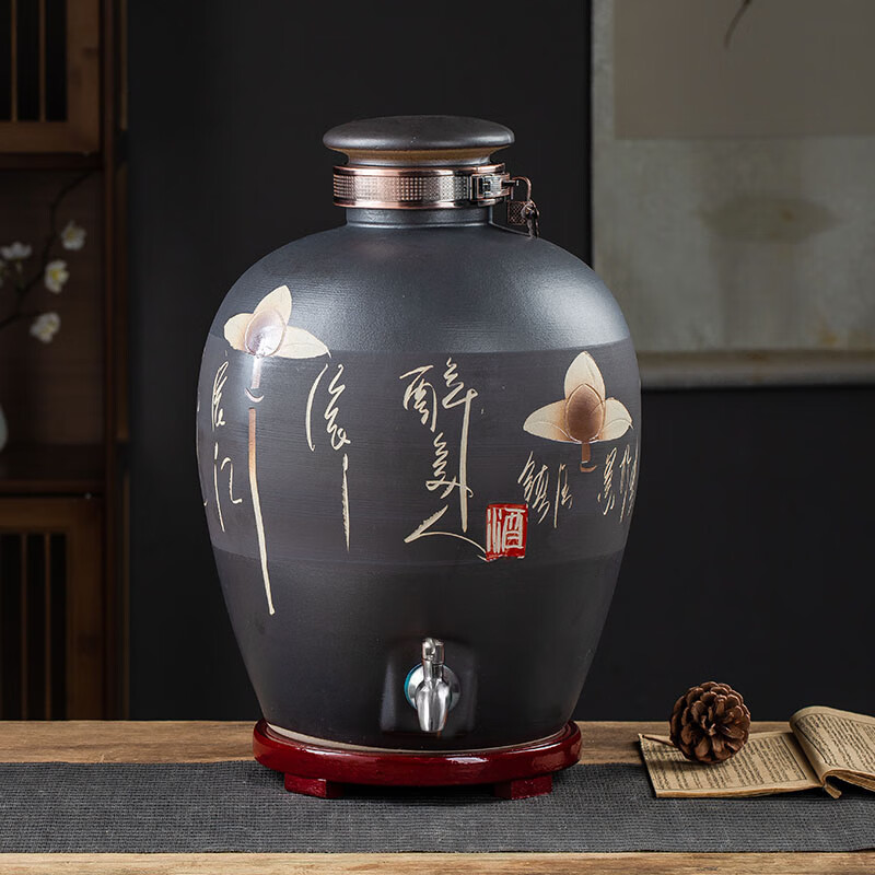 SUNCHANCE景德鎮(zhèn)陶瓷泡酒壇酒缸釀酒存酒楊梅葡萄酒壇子酒桶酒壺帶龍頭壇子 黑色美人帶不銹鋼龍頭鎖扣底座 50斤