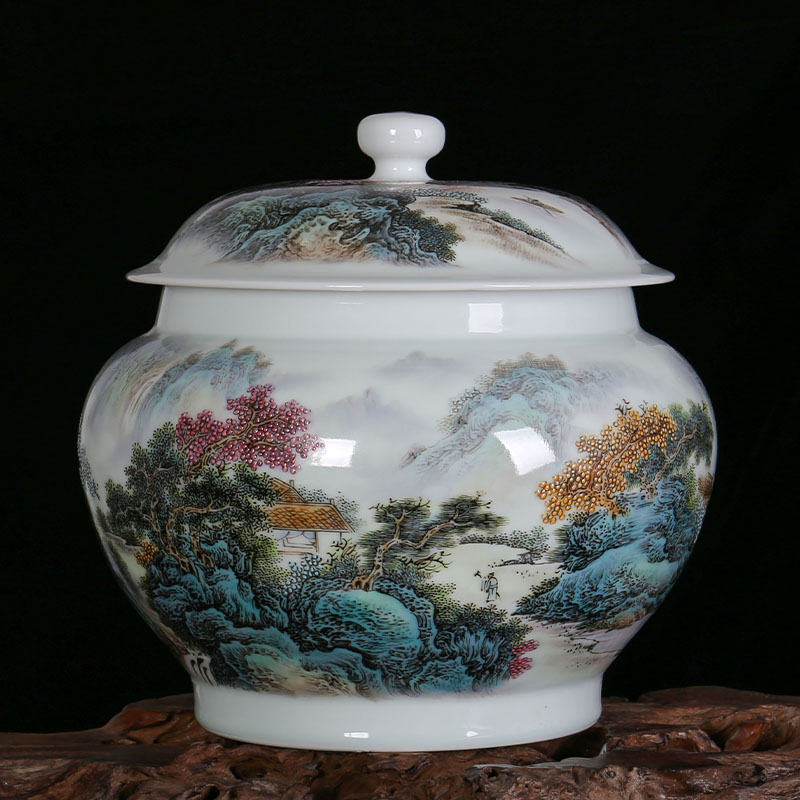 周胜堂 景德镇陶瓷名家手绘粉彩山水江南清韵大盖罐茶叶罐 现代客厅