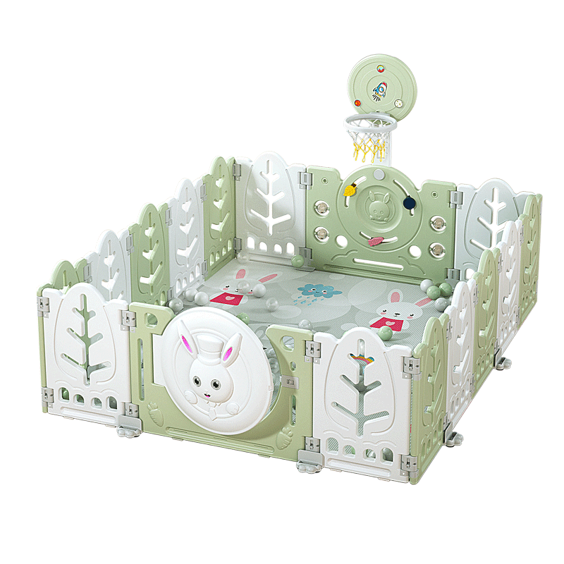 幼貝臣游戲圍欄寶寶爬行墊護欄圍欄嬰兒護欄爬爬墊兒童樂園室內(nèi)游樂場 兔子圍欄清新綠16+2籃球架1cm地墊海洋球收納筐