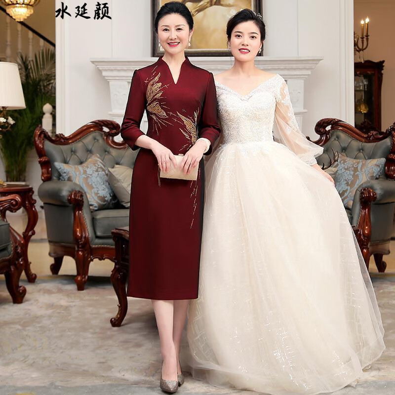 服装喜婆婆婚宴装年轻妈妈秋冬参加丈母娘婚礼服高贵中长款旗袍连衣裙