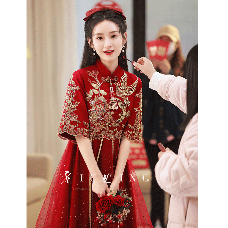 塞德勒（SAIDELE）酒红色敬酒服女新娘订婚旗袍礼服高端小个子大码中式秀禾服 酒红色中长款 XL (建议116-125斤)怎么看?