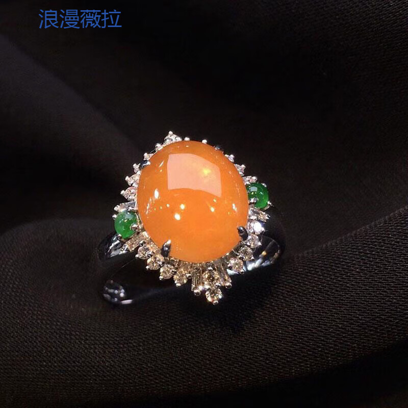 浪漫薇拉复古925银镶嵌水钻蛋面戒指黄玉髓活口可调节指环 冰黄翡玉髓