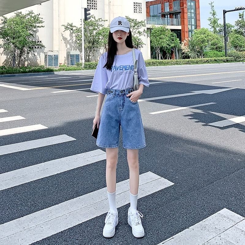 悠丛青少女生夏天牛仔短裤初中生半截裤女牛仔松紧腰阔腿牛仔短裤女夏