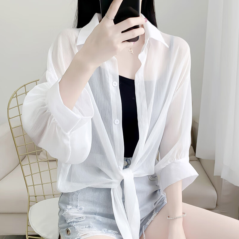 浪莎防晒衣女开衫外搭新款夏季短款雪纺薄款七分防晒服衬衫披肩女时尚 白色 L 110-125斤