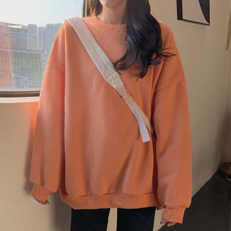 衣彩湾不带帽子的卫衣女加绒加厚超火春秋冬无帽外套宽松上衣服 橘色