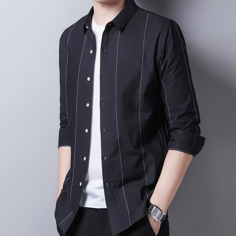 哈雷纳金狐狸 长袖衬衫男条纹纯棉休闲男夏季衬衣男商务休闲1801 黑色
