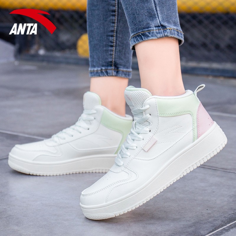 安踏女鞋板鞋春秋高帮女子运动鞋休闲鞋女士小白鞋 象牙白/公主绿