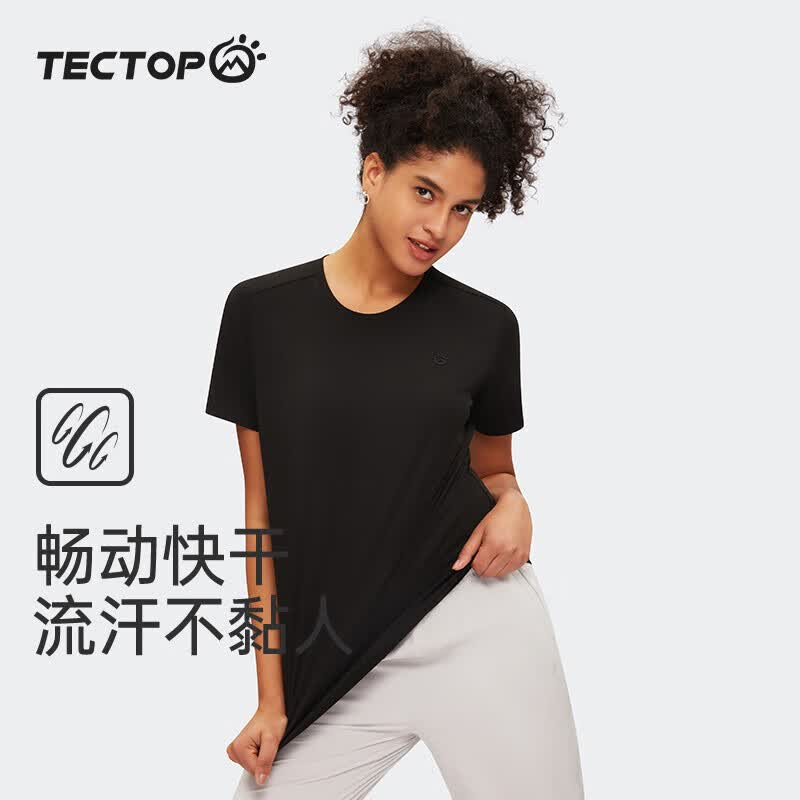探拓（TECTOP）户外速干衣T恤男士2024春夏薄款透气纯色圆领短袖运动打底t恤情侣 女款经典黑296TX L