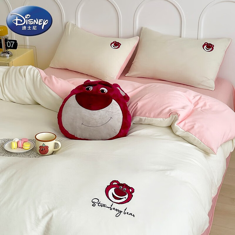 迪士尼A类水洗双层纱刺绣床上四件套水洗棉被套宿舍床单多件套女 粉粉-草莓熊 1.2m 床单三件套
