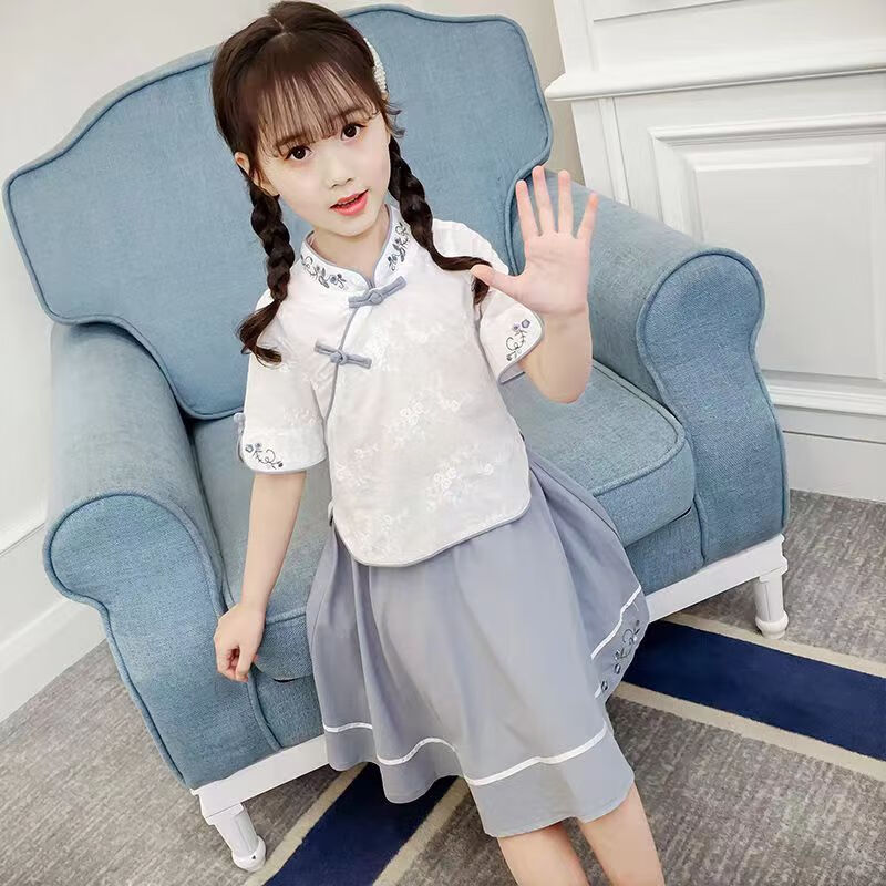 九虞氏女童漢服套裝春夏兒童襦裙中大童學(xué)生中國風(fēng)小女孩漢服裙子兩件套 綠色 160（適合身高145-155cm）