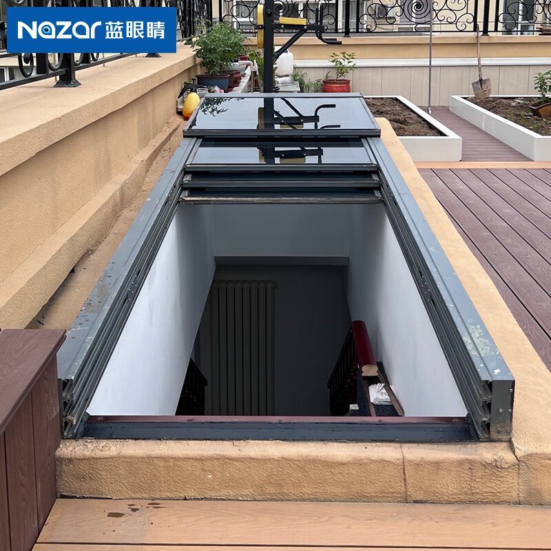蓝眼睛楼梯口电动折叠天窗定制平顶斜坡屋顶三折四折智能滑动门不占