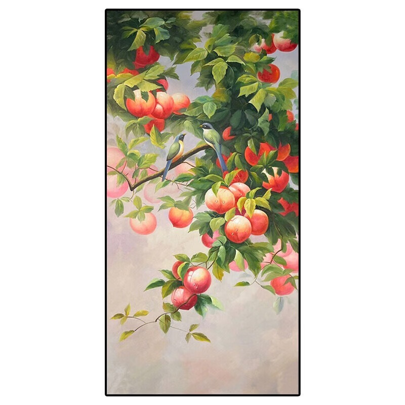 彩象纯手绘桃子纯手绘油画新中式水果客厅装饰画写实喜鹊玄关竖版寓意