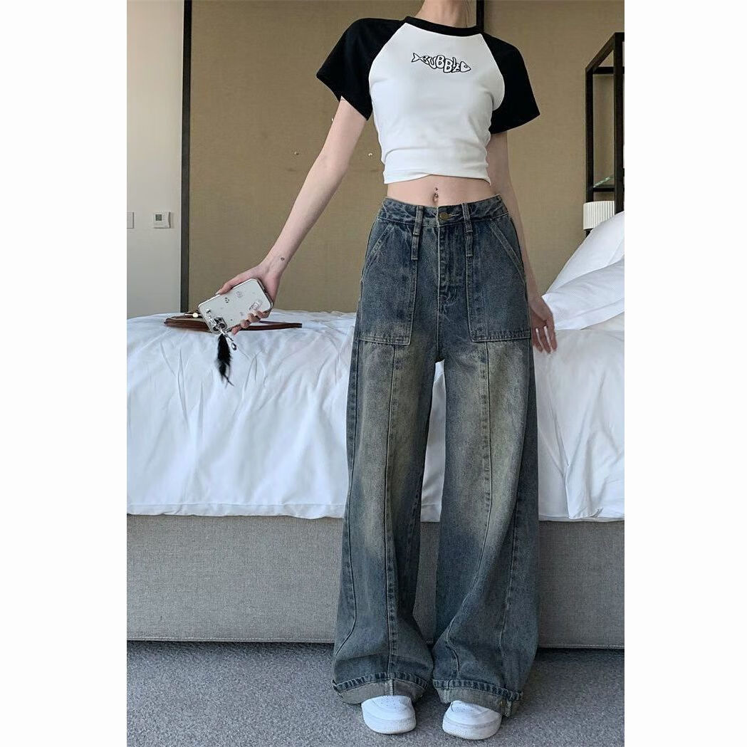 奔瑜裤子女秋冬天小个子女生显高阔腿休闲裤做旧水洗直筒牛仔裤女春季