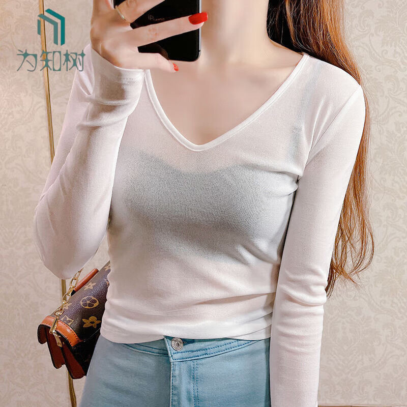 打底衫女长袖洋气内搭薄款紧身纱衣v领网纱上衣鸡心领薄纱t恤 白色 s