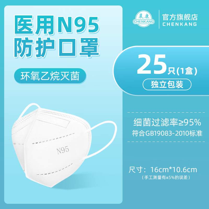 成人gb19083-2010五层防护立体防病菌 n95级医用防护口罩-1盒共25片