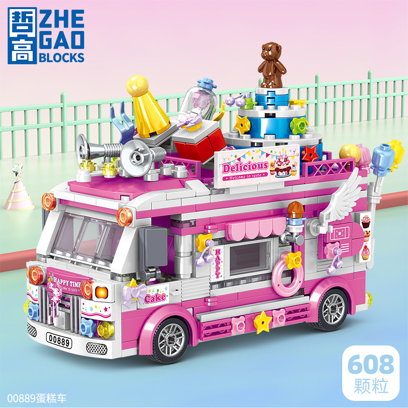 哲高 积木拼装雪糕车冰淇淋汉堡车美食车儿童玩具送女生生日礼物 00889蛋糕车-608PCS