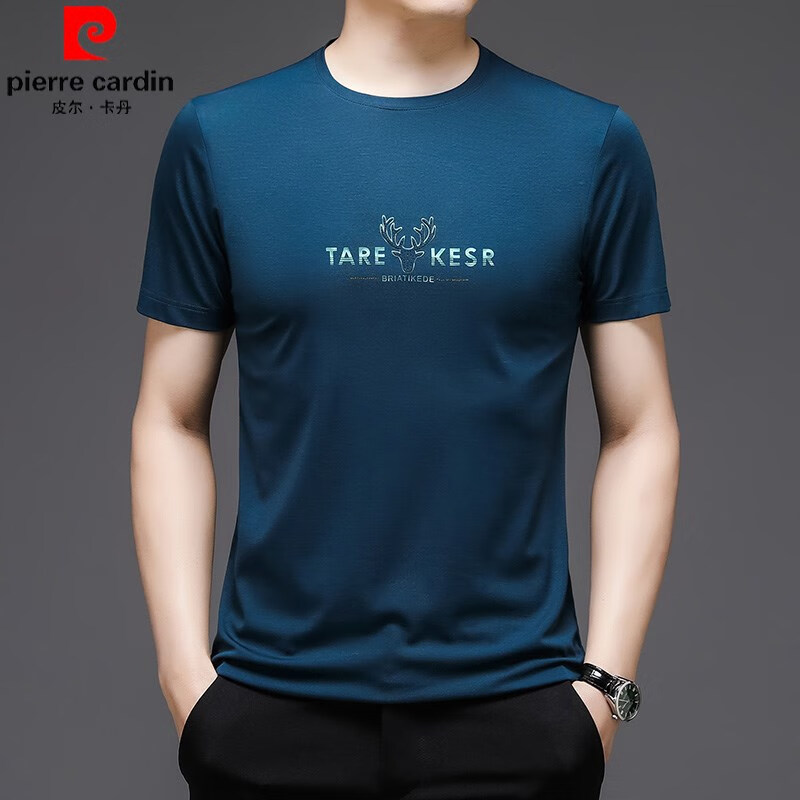 皮尔卡丹（pierre cardin）桑蚕丝短袖男士T恤夏季半袖薄款圆领大码冰 丝体恤打底衫 上青标准尺码 813 190/130码