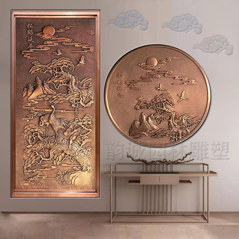 锻铜壁画 锻铜浮雕松鹤延年铜浮雕玄关影壁纯黄铜装饰紫铜雕刻铜版