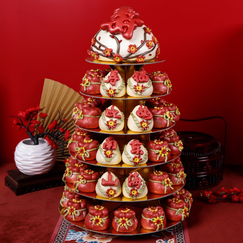中式生日蛋糕长辈过寿贺寿花馍礼物 六层福袋寿桃款(1大54小)5000g