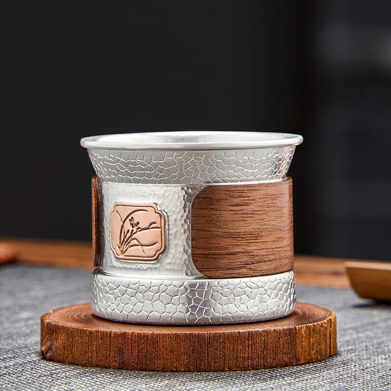 歸銀堂銀杯銀水杯999足銀荷花防燙茶杯手工酒杯純銀杯子高雅品茗SN6930 如意款一200ml+證書+禮盒