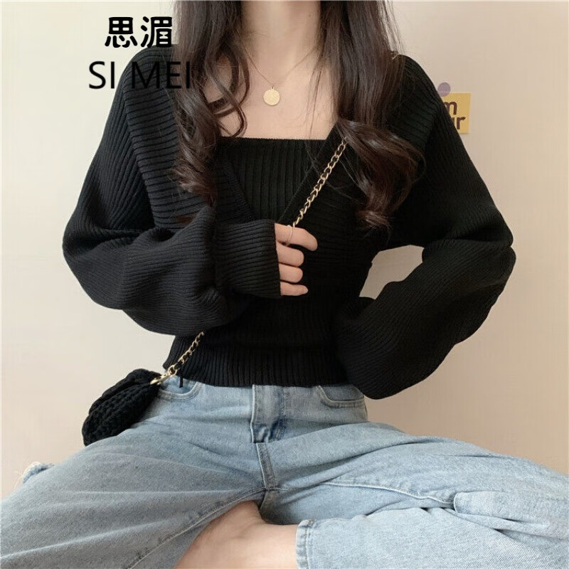 设计感假两件毛衣女秋冬新款打底衫内搭针织衫女上衣 黑色 高质量 s码