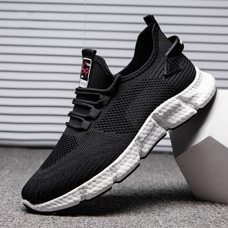 飞织运动鞋男网面系带休闲鞋透气轻便跑步鞋子 621黑 39