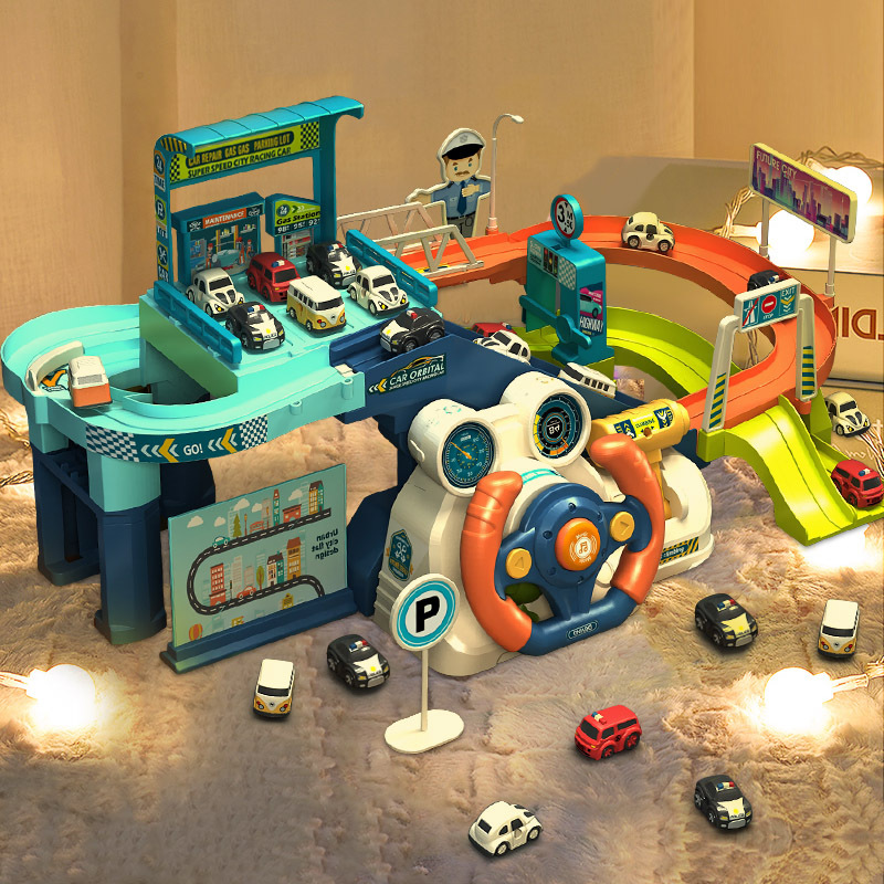 丹米琦 儿童闯关冒险轨道车男孩可连接汽车大楼 方向盘玩具带4小车+地图怎么看?