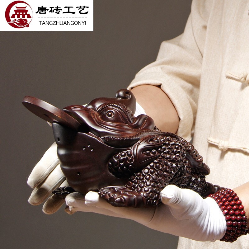 唐砖 木雕金蟾摆件三足金蟾蜍店铺开业桌面实木雕刻装饰摆设礼品 黑檀