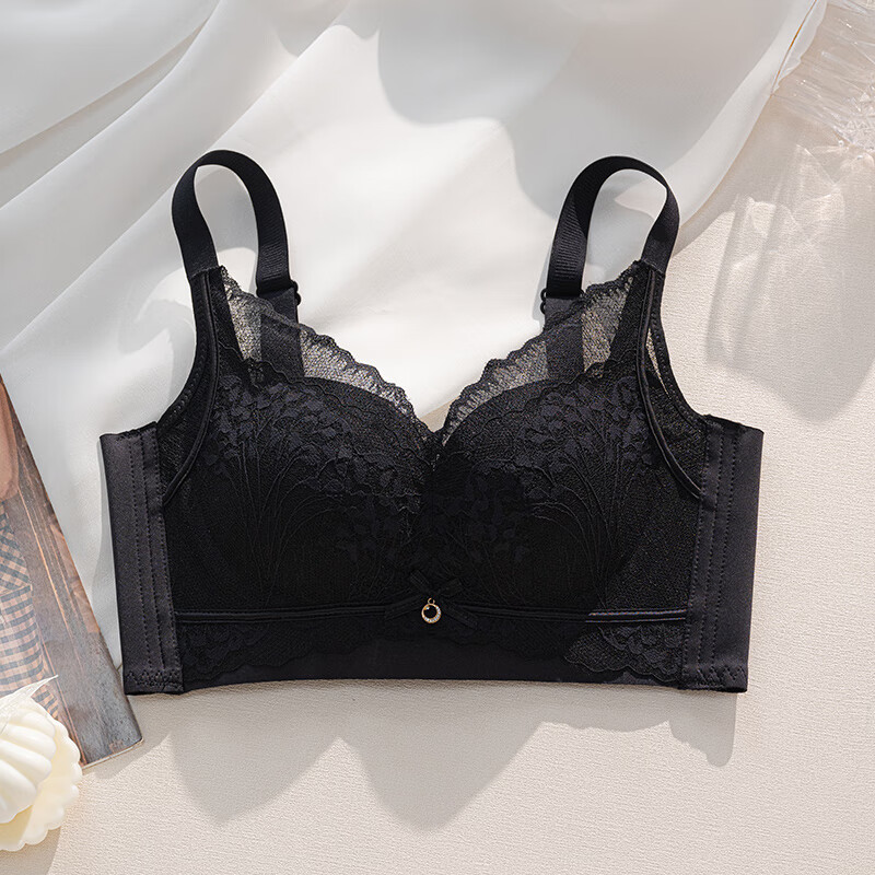 婷美内衣女小胸聚拢显大收副乳调整型无钢圈上薄下厚上托文胸 黑色 36