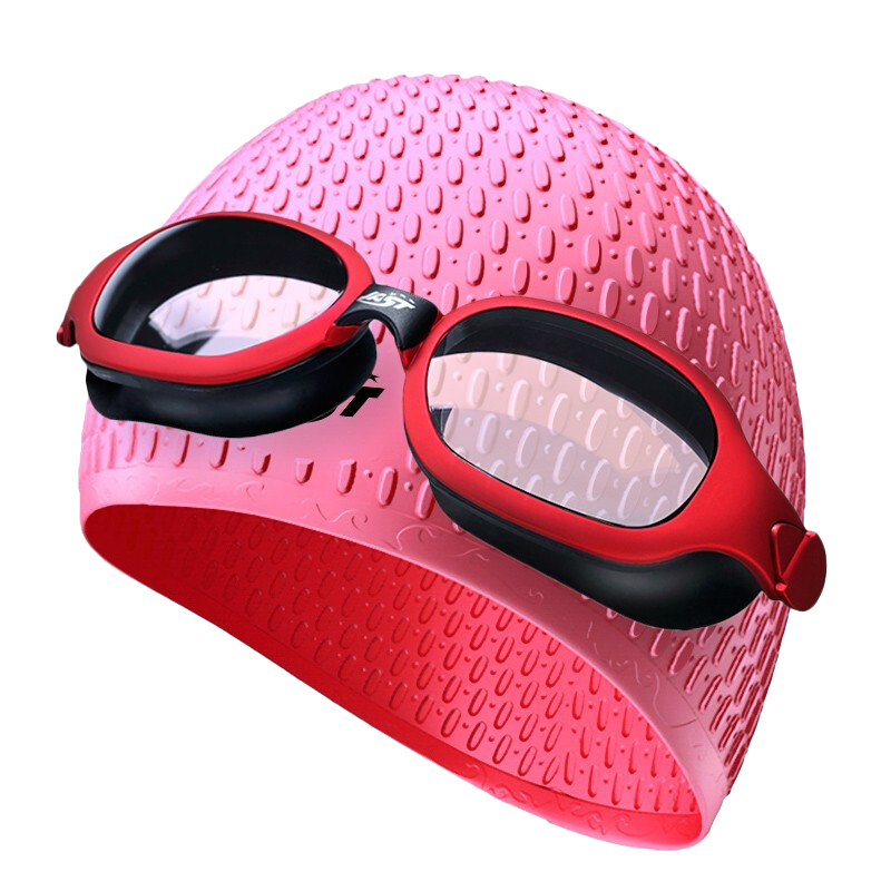 佳斯特(JAST)泳镜女士高清防水防雾大框游泳眼镜近视游泳镜成人男泳镜泳帽套装 酒红透明平光镜+307粉色加大泳帽