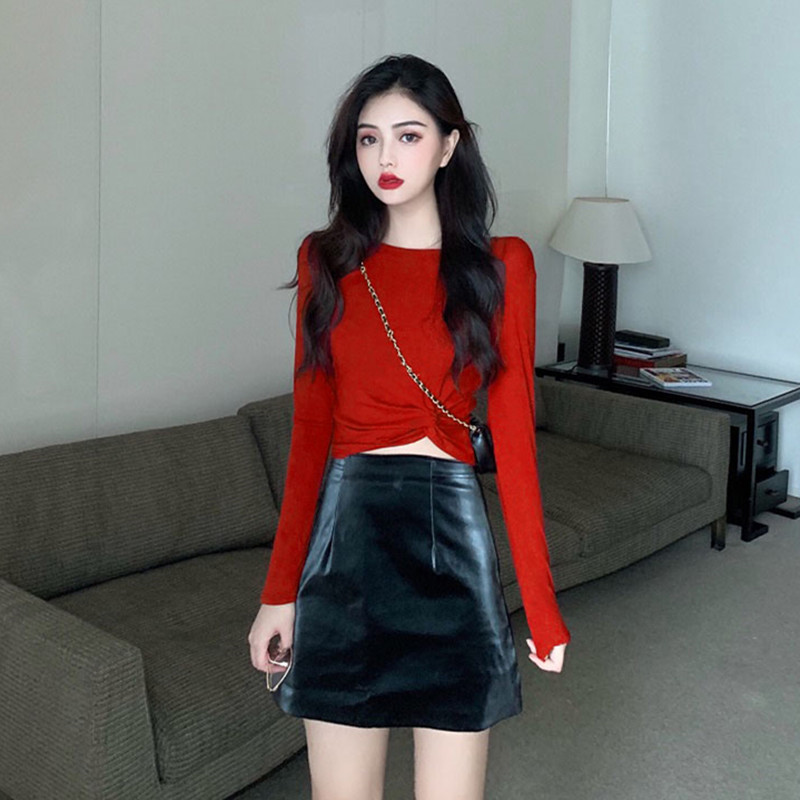 脐舞蹈女秋冬季红色修身百搭漏脐短款t恤跳街舞穿的韩舞辣妹穿搭新款