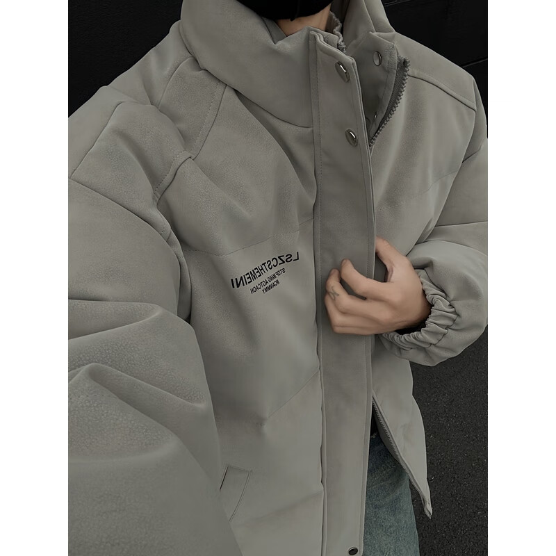 NYING雾面PU皮棉服男款冬季新款美式潮牌痞帅加厚保暖棉衣外套立领宽松 深灰色 L （110-130斤）