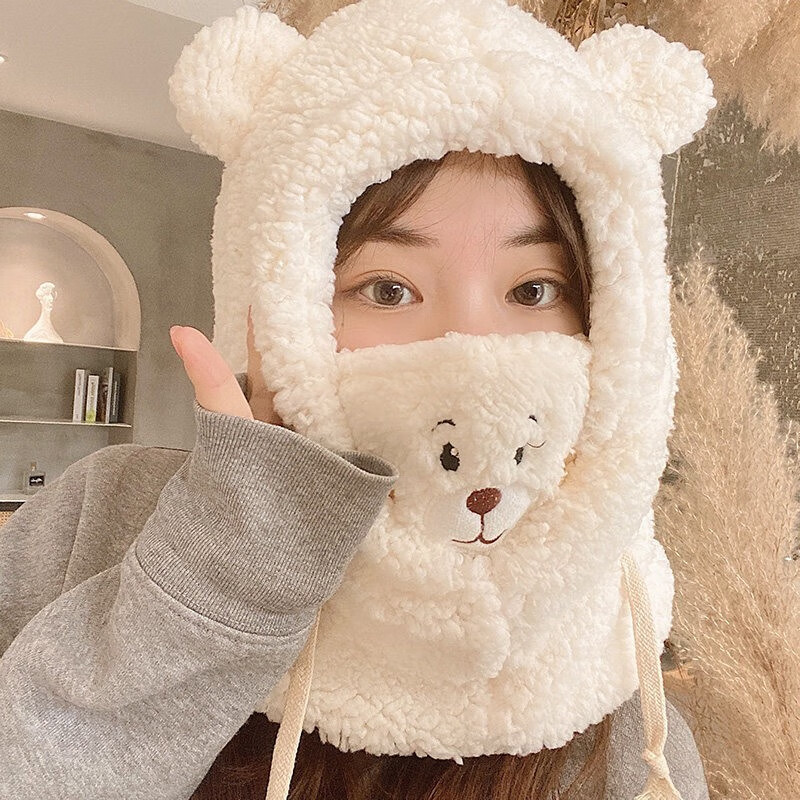 诗莱寇帽子女冬季可爱小熊帽子围巾护耳一体帽冬天骑车保暖防风围脖 熊熊一体帽--白色怎么看?