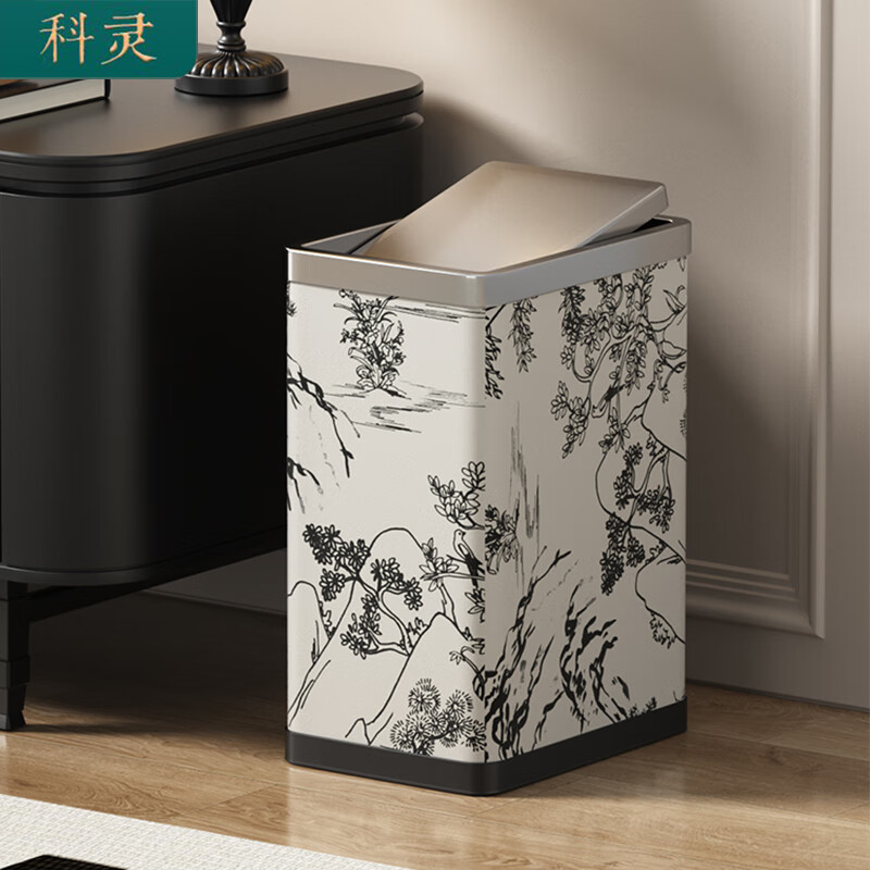 科灵卫生间垃圾桶客厅厕所洗手间卧室夹缝大号不锈钢带盖家用2025新款 国风竹纹/ 方形摇盖 10L 【窄型款】