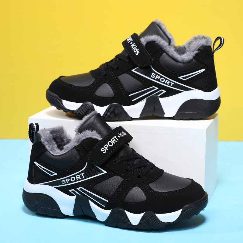 儿童运动鞋子皮面防水保暖男孩中大童学生保暖跑步鞋 黑白加绒 28码