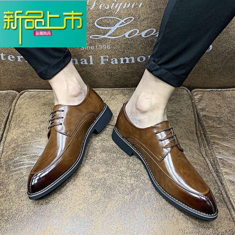 青年正装男士皮鞋英伦风韩版商务尖头休闲西装增高新郎结婚鞋 棕色 38
