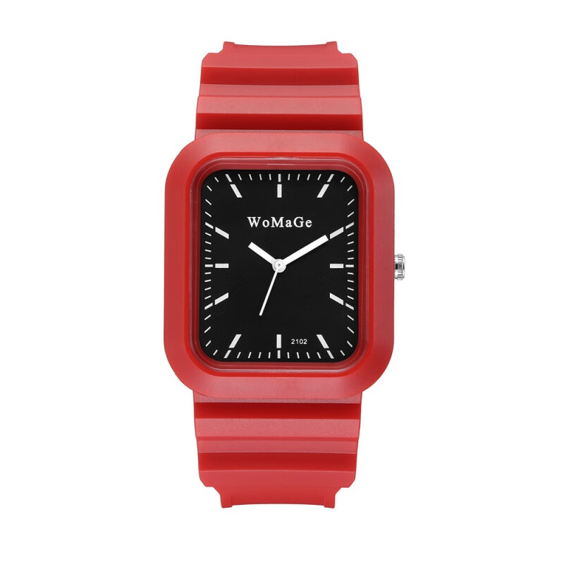 韩版简约塑胶带长方形男女学生手表简约ins流行款中学生运动手表 红色
