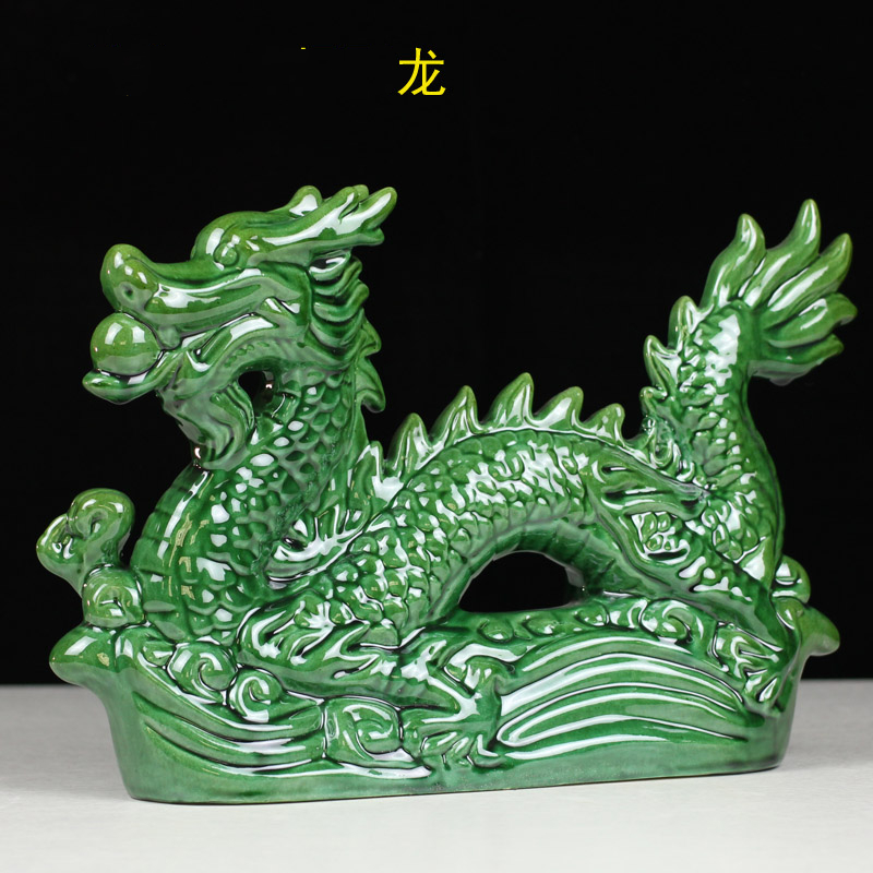 薰然 龙摆件 十二生肖陶瓷龙工艺品礼品家居装饰品唐三彩龙 绿色大号