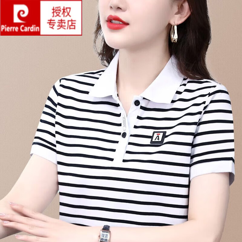 cardin)黑白条纹短袖t恤女纯翻领棉夏装中年妈m有领polo保罗衫带领