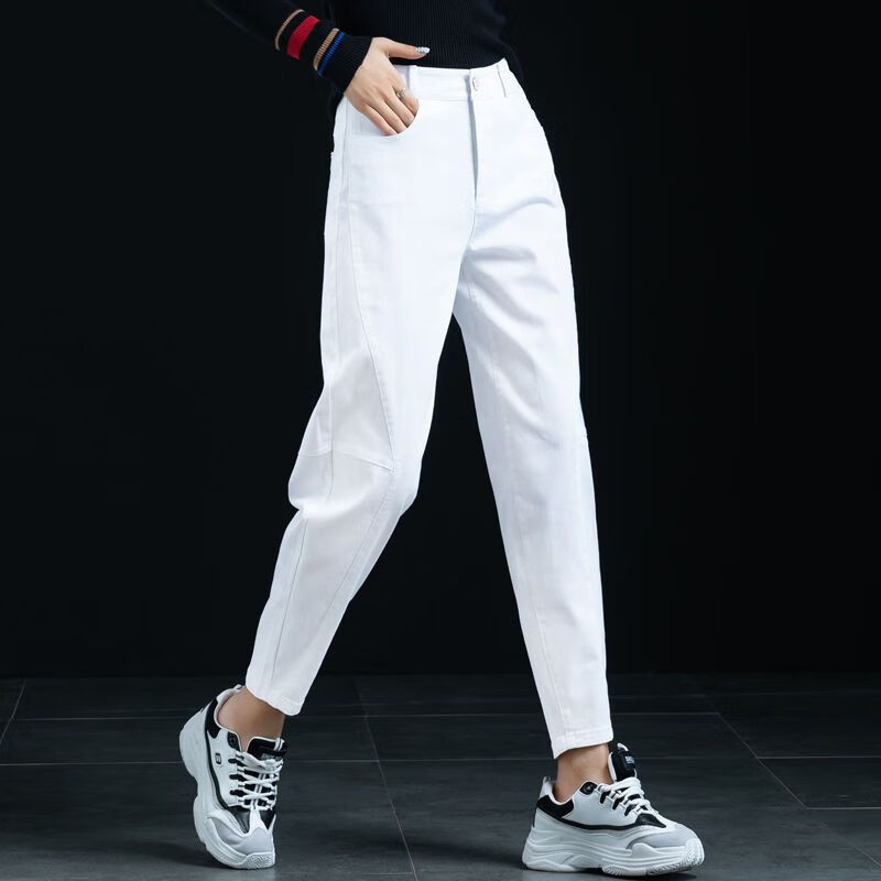 vjwk夏季初中生韩版紧身女生牛仔裤白色牛仔裤女高腰显瘦哈伦裤新款韩