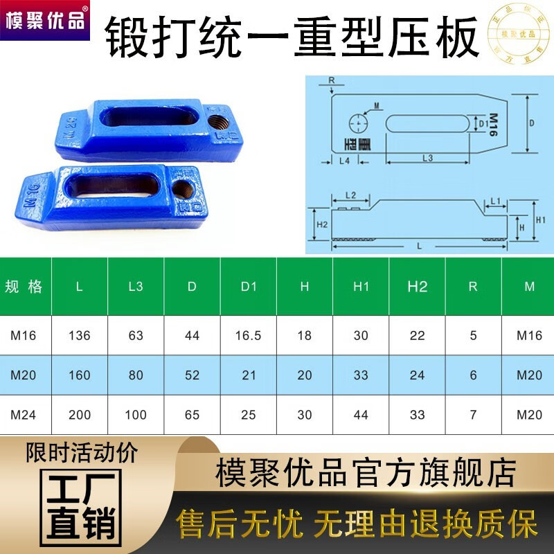 注塑机码模夹 统一冲床压块m16m20m24 统一压板m16锻打蓝色