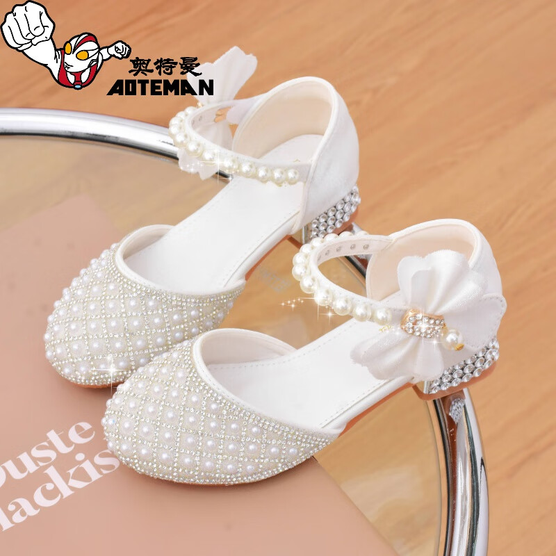 奥特曼儿童高跟鞋公主鞋女童水晶白色高跟鞋礼服夏季花童鞋儿童模特
