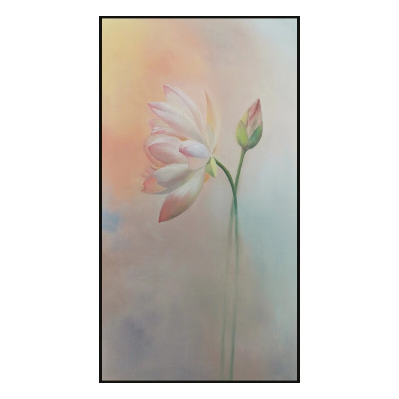 艺幻纯手绘油画玄关入户走廊荷花新中式花卉挂壁画现代莲花客厅装饰画