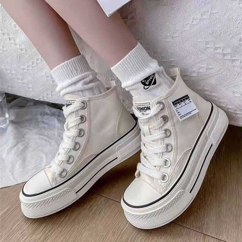li鞋子女夏季薄款高帮小白鞋厚底帆布鞋女ins小众百搭休闲板鞋 米白色