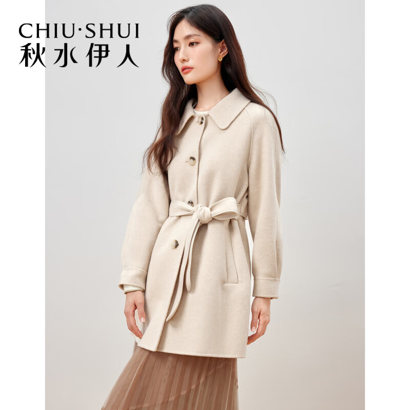 秋水伊人商场同款优雅蕾丝娃娃领毛呢外套冬装新款盐系大衣 11409BE122603米色 L怎么样,好用不?