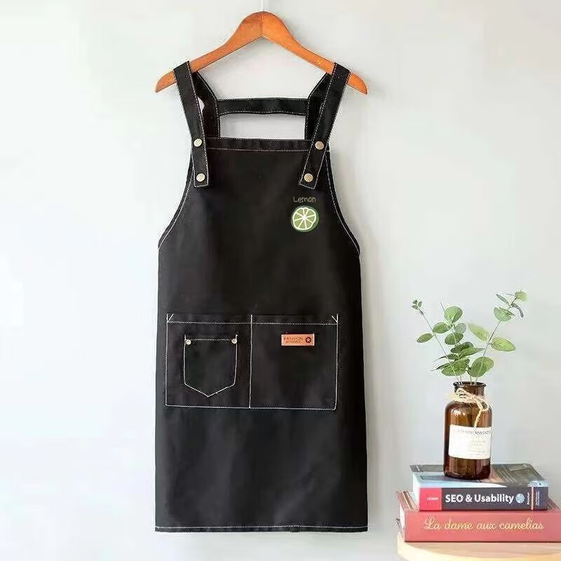 欧格达日系可爱帆布牛仔背带围裙可印logo防水防油围裙加厚耐磨厨房围裙 黑色牛仔菠萝