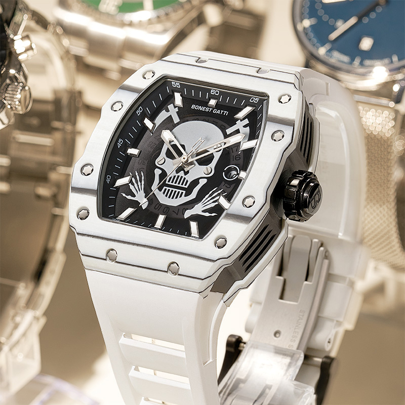 布加迪（BONEST GATTI）碳纤维男士镂空全自动机械表时尚轻奢酒桶型海盗船长系列腕表 Carbon黑白