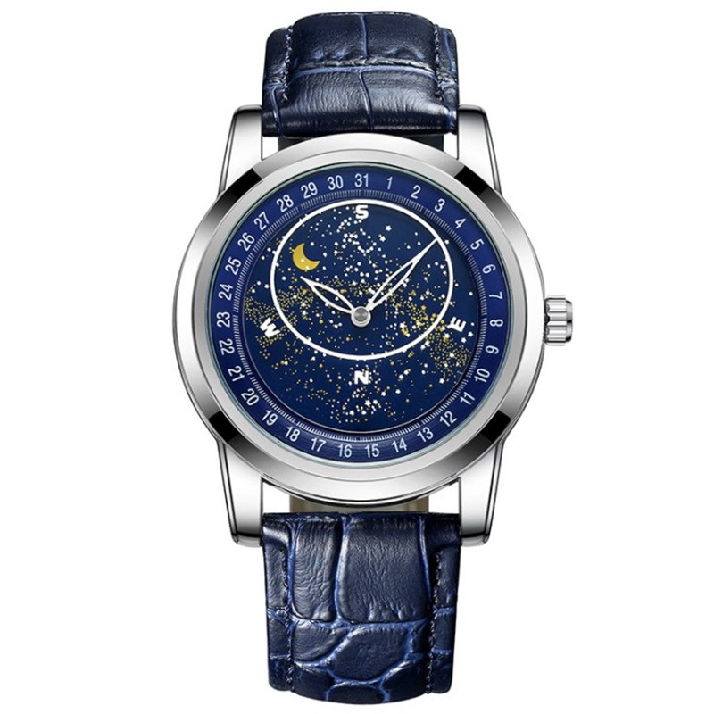 男士全自动机械表旋转浩瀚星空时来运转抖音同款腕表 银河银钢蓝面