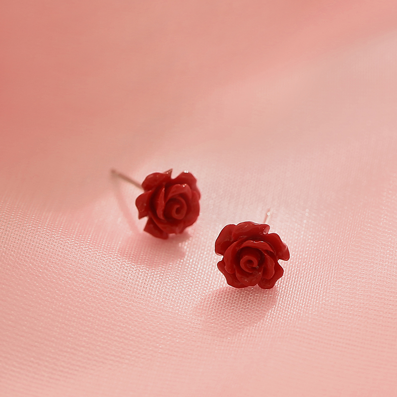 红色玫瑰花耳钉女气质韩国925银森系花朵法式复古显白耳饰