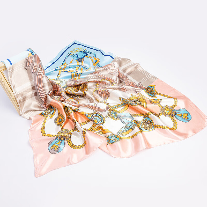 达芬奇密码专柜礼盒装 春秋缎面大方巾长巾丝巾女 新款欧美风 格拼链条 粉蓝